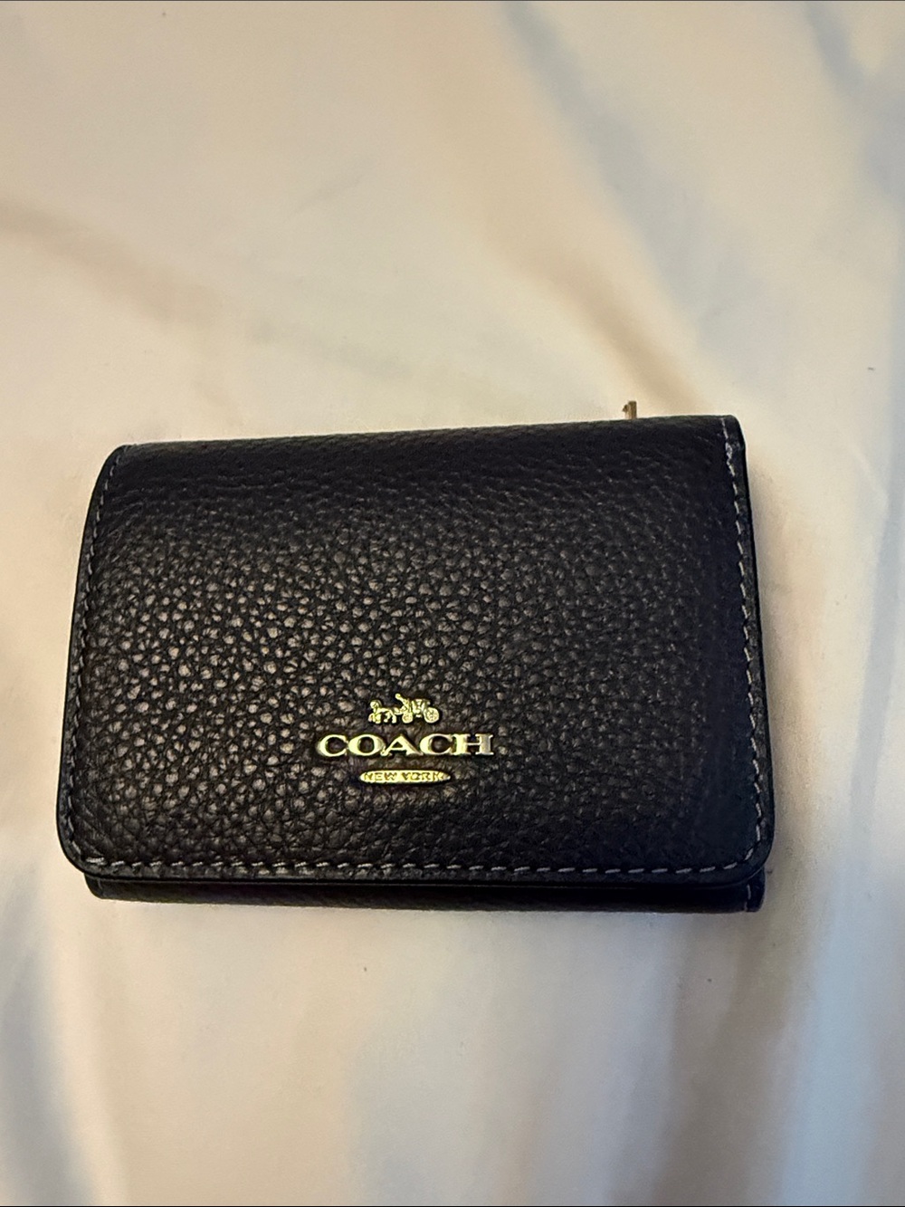 Coach Black Pebbled Leather Trifold Wallet with Gold Logo Hardware